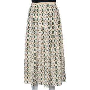 Pre Owned Gucci Beige Web Kisses & Logo Monogram Printed Silk Pleated Midi Skirt M