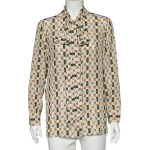 مملوكة مسبقًا Gucci Beige Web Kisses & Logo Monogram Printed Silk Neck Tie Detail Shirt M
