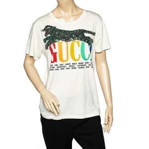 Pre Owned Gucci Cream Logo Cities Printed Sequined Panther Detail Oversized T-Shirt XS