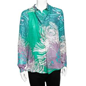 Gucci Green Floral Printed Silk Double Collar Detail Top M