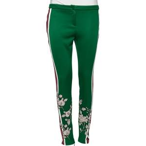 Gucci Green Jersey Floral Embroidered Web Stripe Trim Detail Pants M