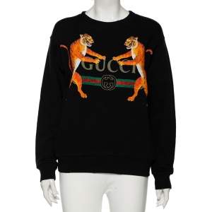 Pre Owned Gucci Black Printed Cotton Distressed Detailed Crew Neck Sweatshirt XS