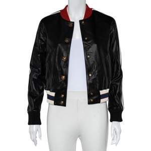 Gucci Black Leather Hollywood Embroidered Bomber Jacket S