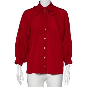 Pre Owned Gucci Red Silk Neck Tie Detail Oversized Shirt S