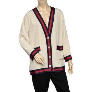 Pre Owned Gucci Cream Silk Web Stripe Button Front Cardigan L