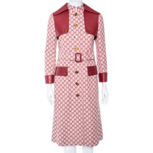Pre Owned Gucci Red Logo Jacquard-Leather Belted Trench Coat S