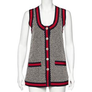 Pre Owned Gucci Monochrome Tweed Contrast Stripe Trim Sleeveless Vest S