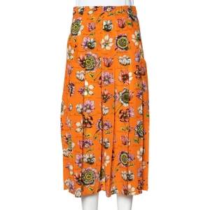 Pre Owned Gucci Orange Floral Printed Silk Pleated Midi Skirt S