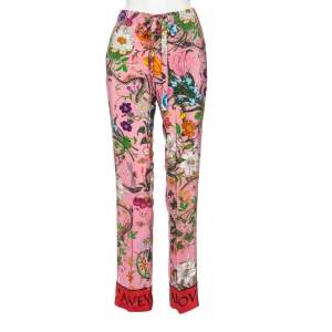Pre Owned Gucci Pink Floral Snake Printed Silk Drawstring Waist Detailed Pants S