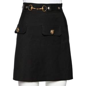 Pre Owned Gucci Black Wool Horsebit Detail Mini Skirt S