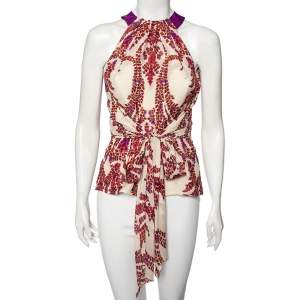 Pre Owned Gucci Cream Printed Silk Waist Tie Detailed Top S