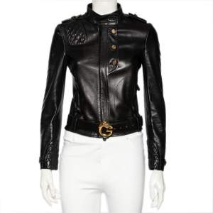 Pre Owned Gucci Black Leather Belted Jacket S
