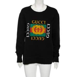 Gucci Black Distressed Cotton Logo Printed Long Sleeve Sweatshirt M