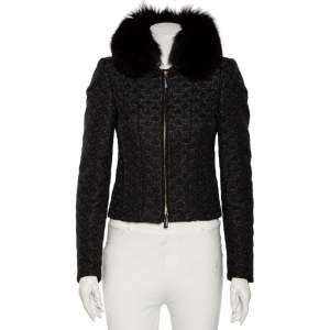 Gucci Black Jacquard Fur Collar Zip Front Jacket S