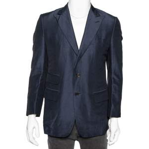 Gucci Navy Blue Linen & Silk Single Breasted Blazer XL 