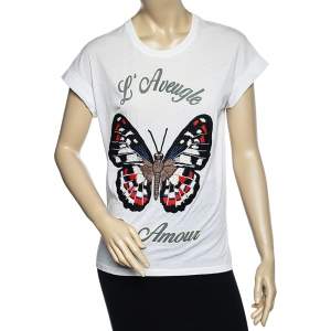 Gucci White Cotton Butterfly Embroidered T-Shirt S