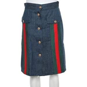 Pre Owned Gucci Blue Denim Web Stripe Trim Detail A-Line Skirt M