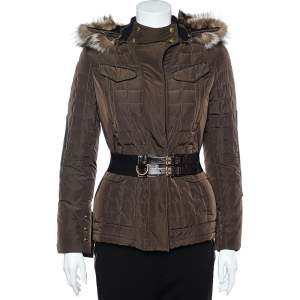 Gucci Brown Synthetic Quilted Fur Collar Detail Belted Jacket S
