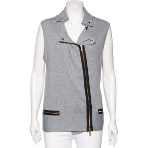 Gucci Grey Cashmere Knit Zip Front Sleeveless Jacket L 