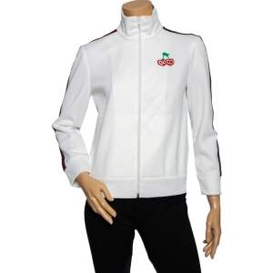 Pre Owned Gucci White Jersey Cherry Logo Appliqued Zip Front Jacket S