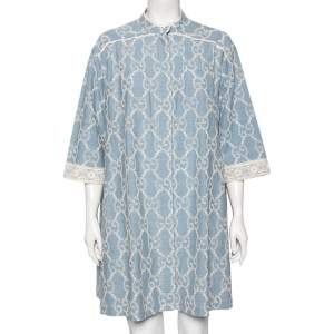 Gucci Blue GG Patterned Eyelet Chambray & Lace Trim Detail Shirt Dress L