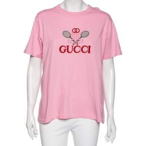 Gucci Pink Cotton Tennis Logo Embroidered Crewneck T-Shirt L