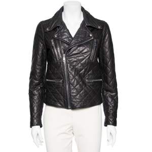Pre Owned Gucci Black Leather Logo Embellished Zip Front Biker Jacket S