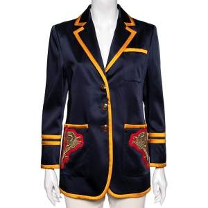 Pre Owned Gucci Navy Blue & Yellow Trimmed Satin Embroidered Long Sleeves Jacket M