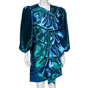 Gucci Blue Lurex Balloon Sleeve Detailed Bow Dress M