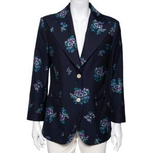 Gucci Navy Blue Floral Jacquard Cotton & Wool Single Breasted Blazer L