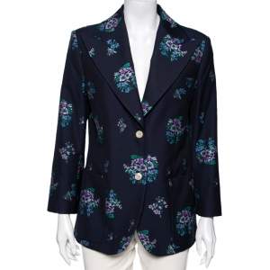 Pre Owned Gucci Navy Blue Floral Jacquard Cotton & Wool Single Breasted Blazer L