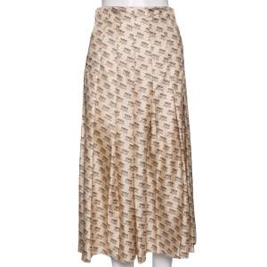 Pre Owned Gucci Beige Invite Stamp Print Silk Pleated Midi Skirt S