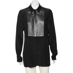 Pre Owned Gucci Black Silk & Leather Paneled Button Front Shirt M