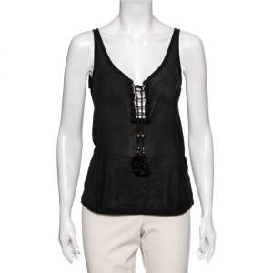 Pre Owned Gucci Black Cotton Lace-Up Tassel Detailed Tank Top S