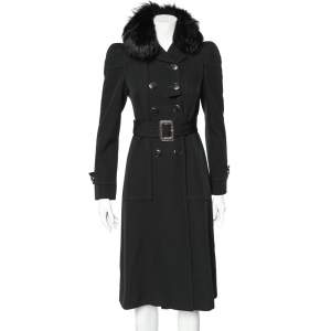 Gucci Black Wool Crepe fur Collar Detail Belted trench Coat S