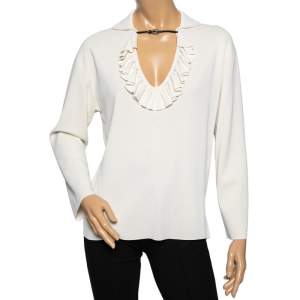 Pre Owned Gucci Ivory Stretch Knit Ruffle Detailed Front Long Sleeves Top S