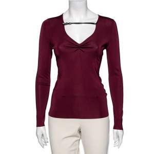 Pre Owned Gucci Burgundy Jersey Leather Strap Detail V-Neck Top M