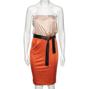 Gucci Orange and Beige Colorblock Silk Pleated Belted Dress XS