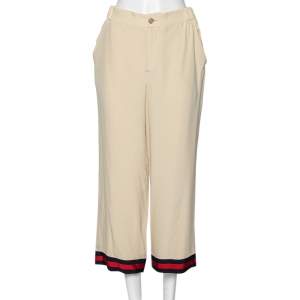 Pre Owned Gucci Light Beige Silk Web Stripe Trimmed Wide Leg Pants M