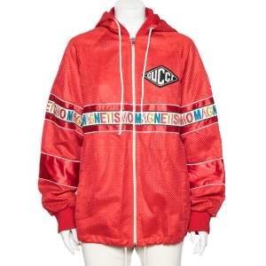 Pre Owned Gucci Red Mesh & Satin Magnetismo Stripe Trimmed Zip Front Hooded Jacket XL