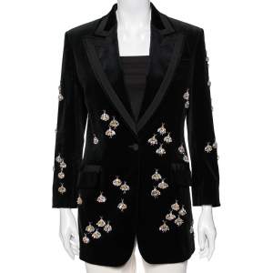Pre Owned Gucci Black Velvet Crystal Bee Embellished Single Breasted Blazer M