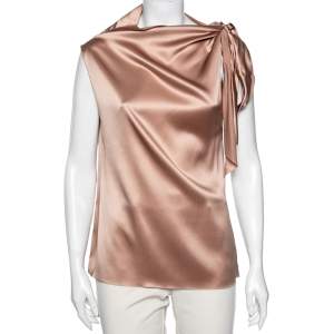 Pre Owned Gucci Beige Silk Sleeve Tie Detail Draped Top M