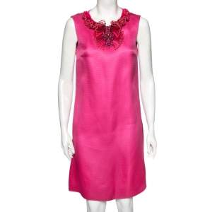 Gucci Pink Textured Silk Embellished Neck Detailed Sleeveless Dress M
