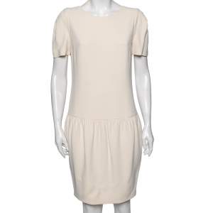 Pre Owned Gucci Cream Synthetic Gather Short Sleeves Dress M