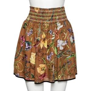 Pre Owned Gucci Brown Floral Printed Silk Mini Skirt M