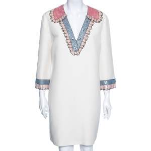 Pre Owned Gucci Cream Silk Sequin Embellished Ruched Detail Neck Cady Dress L