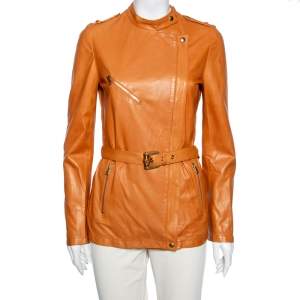 Pre Owned Gucci Tan Leather Front Zip Long Sleeve Jacket M