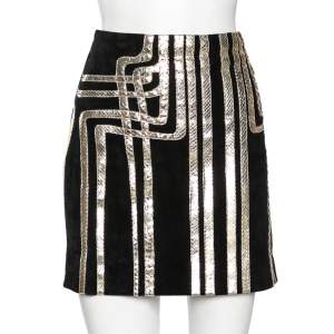 Pre Owned Gucci Black & Gold Python Leather Trimmed Suede Mini Skirt M