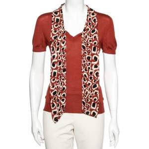 Gucci Brick Red Wool Knit Printed Neck Tie Detail Top S