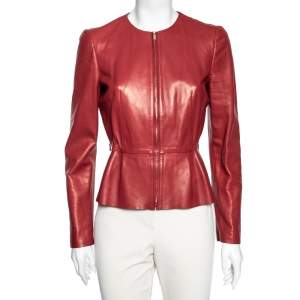 Pre Owned Gucci Brick Red Leather Zip Front Jacket M